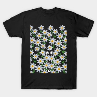 Cat hiding in daisy flower field at night T-Shirt